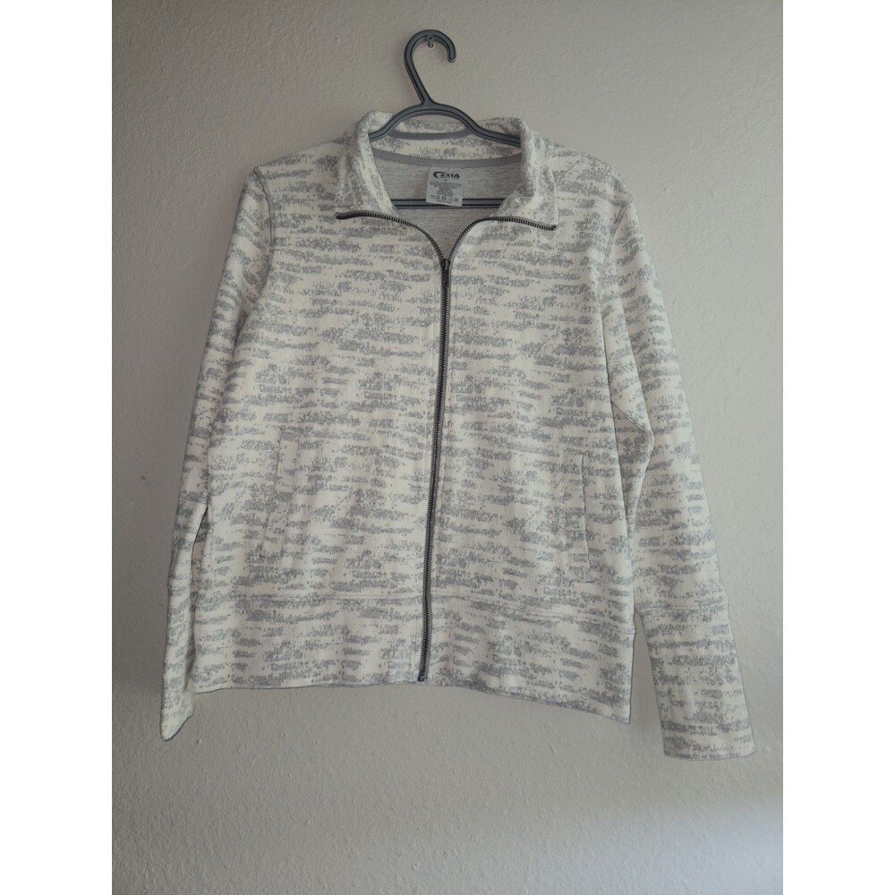 Zyia Active Full Zip Jacket Women's Medium White Gray Print Athletic Soft Hoodie
